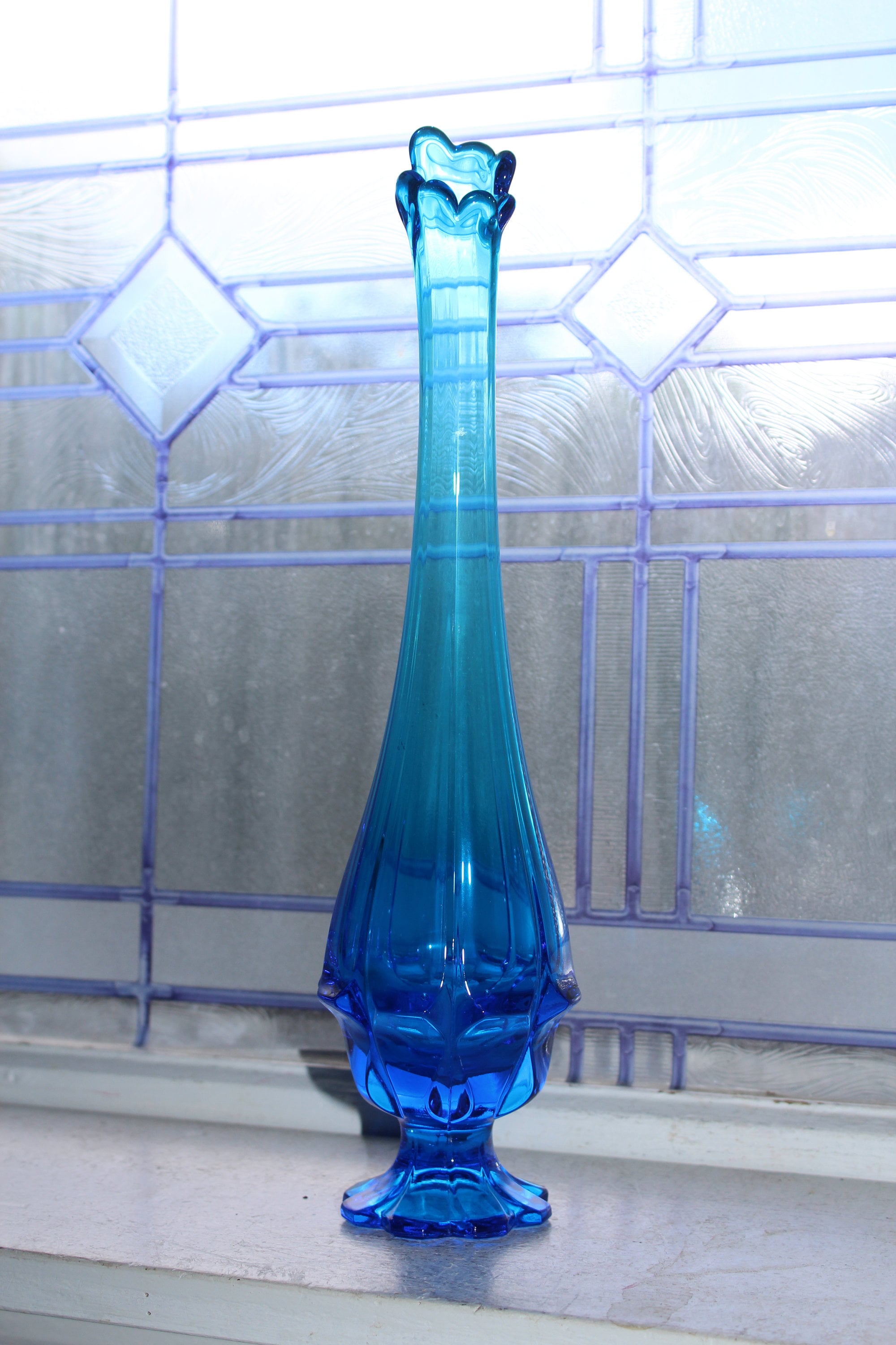Large Blue Swung Glass Vase 13.75 Vintage Mid Century Modern