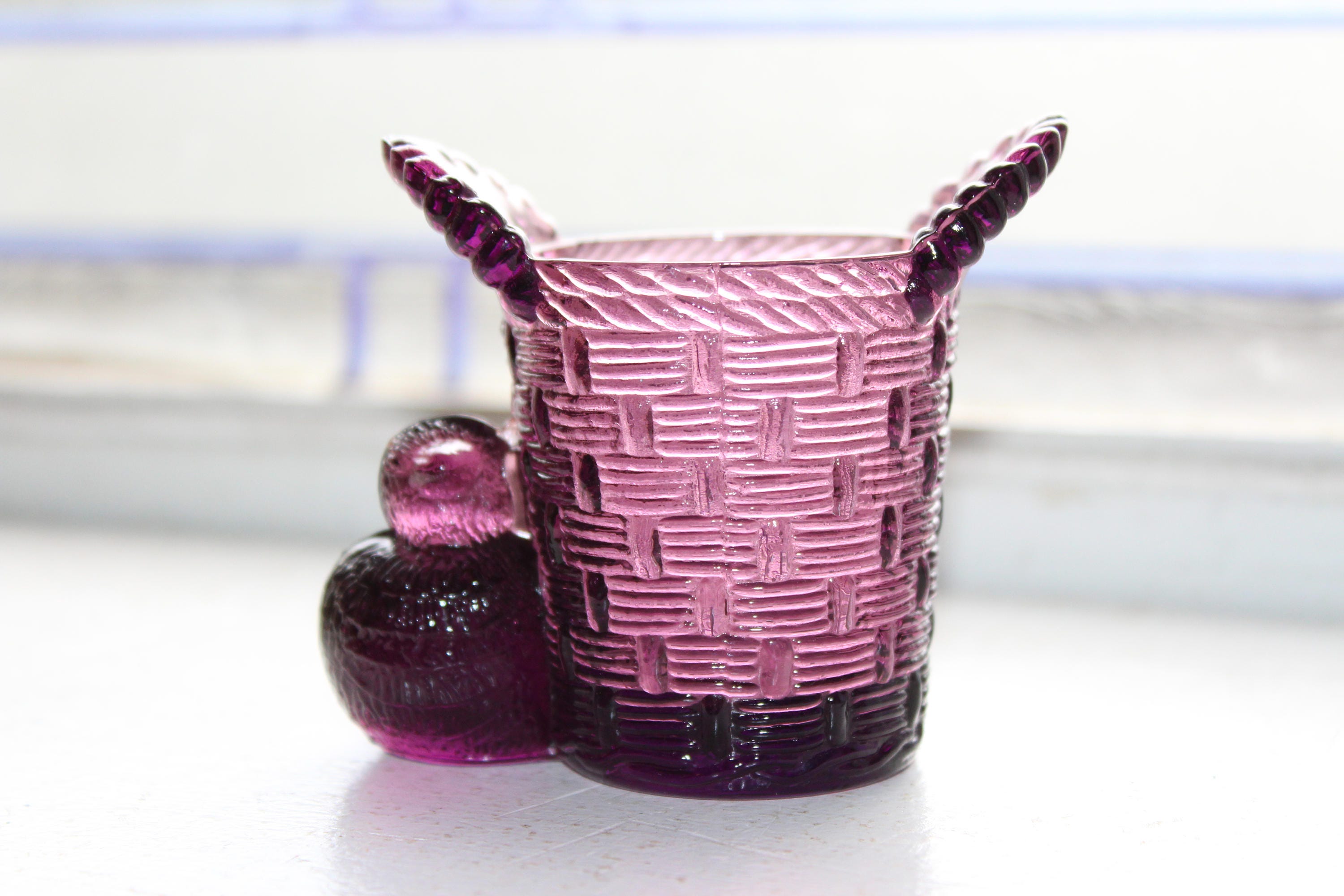 Amethyst Glass Toothpick Holder Chick and Basket Vintage Purple