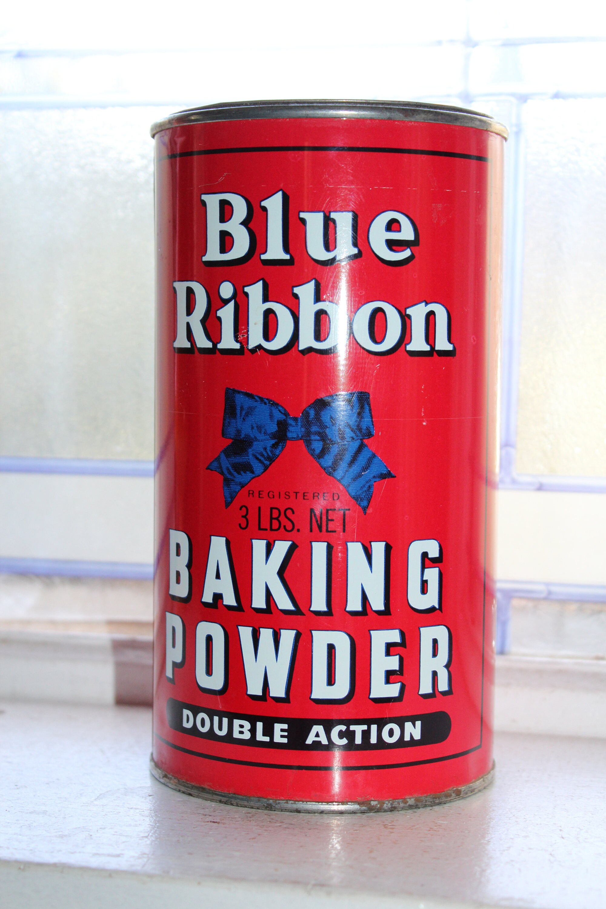 Large Vintage Blue Ribbon Baking Powder Tin 3 Lb Size