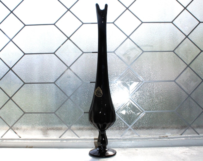 Vintage 13" Fenton Colonial Black Glass Footed Thumbprint Vase Swung Stretch