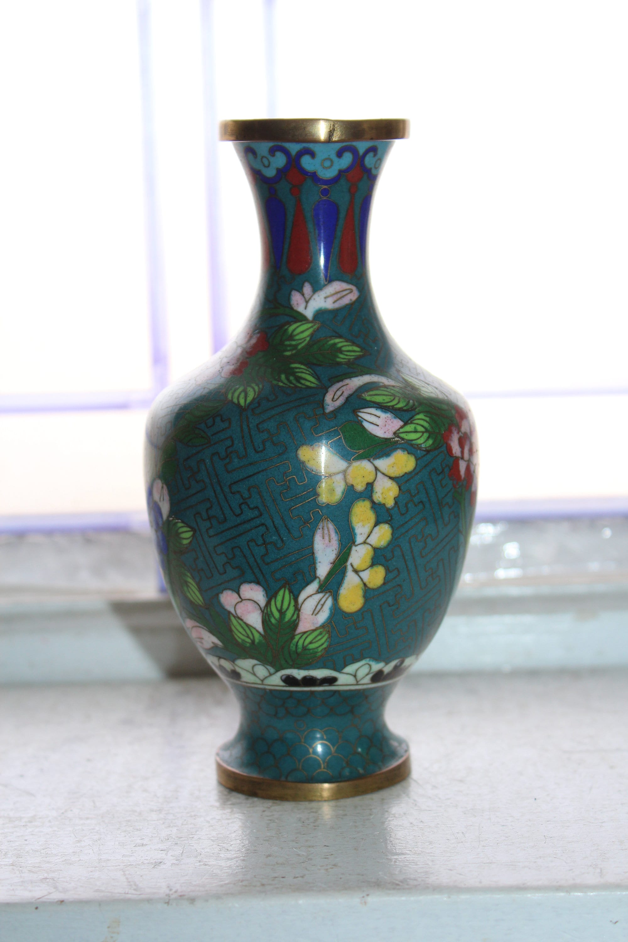Vintage Chinese Cloisonne 6 1/2 Vase Brass and Enamel