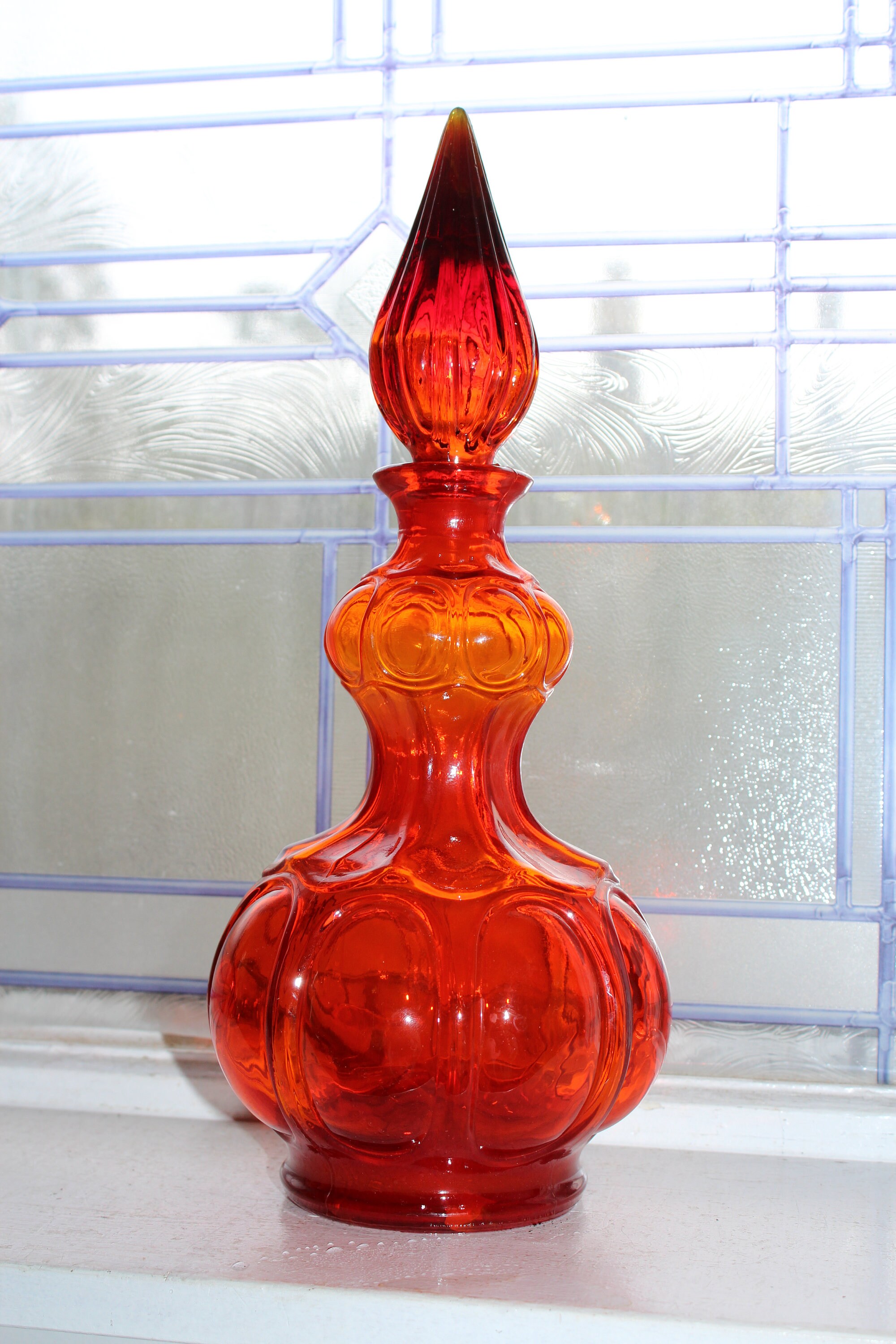 Large Amberina Orange Glass Genie Bottle Vintage 1960s Retro Decor