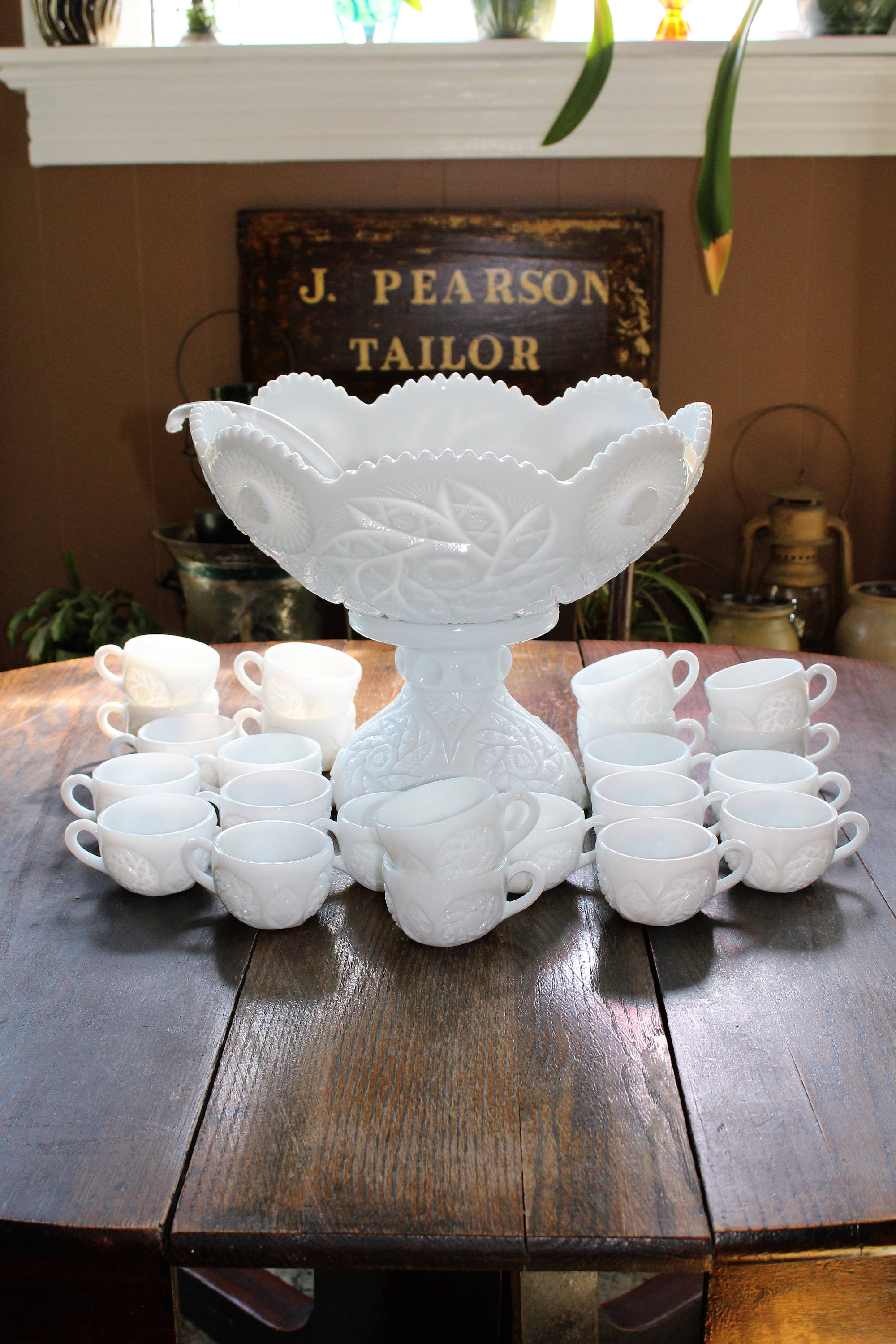 Vintage Milk Glass Punch Bowl Set Westmoreland Buzz Star 26 Pc