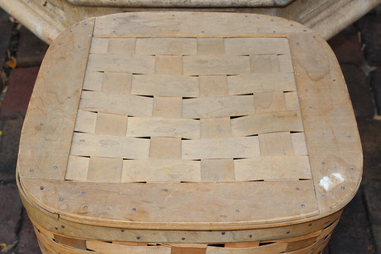 Large Vintage Wicker Basket with Wooden Lid Farmhouse Decor Storage Hamper