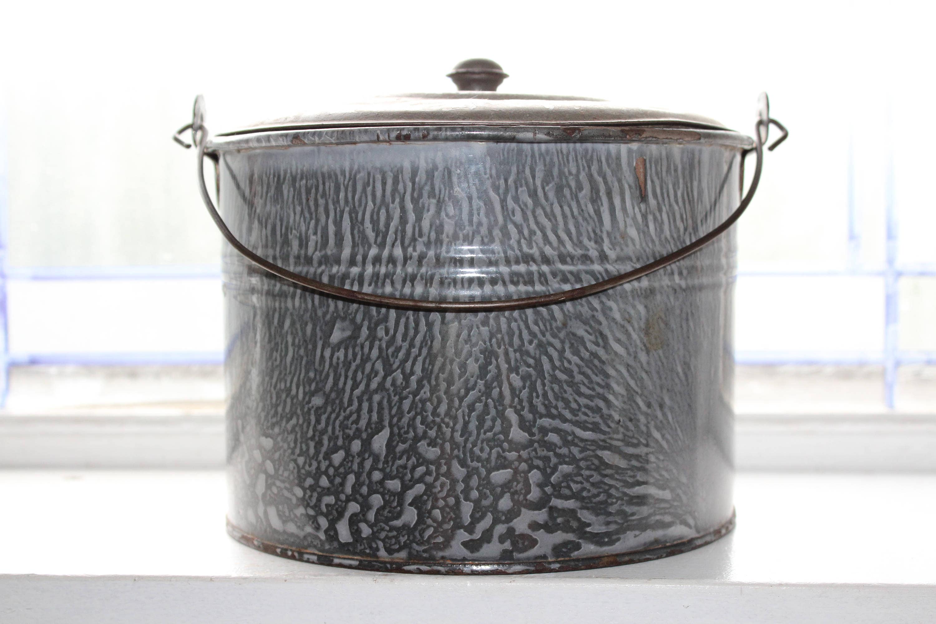 Antique Graniteware Berry Bucket Gray Enamelware