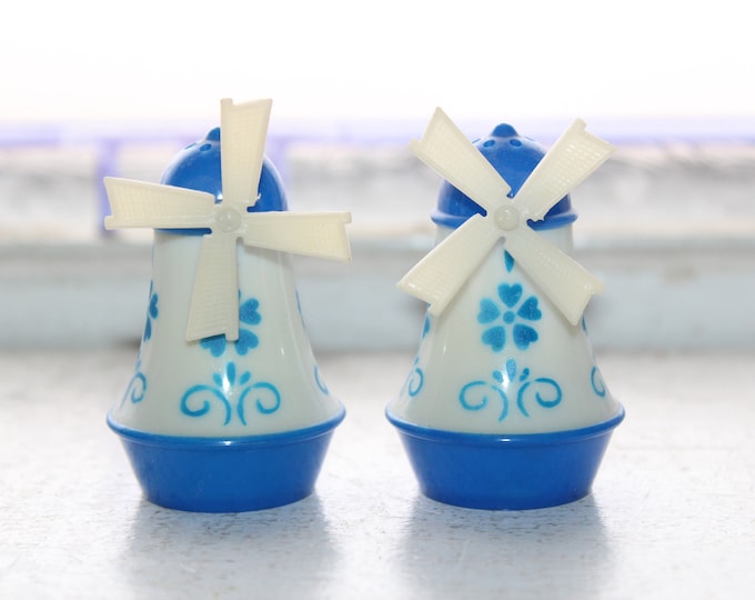 Vintage Windmill Salt and Pepper Shakers 1960s Blue & White Plastic