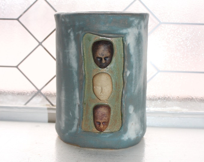 Vintage Studio Art Pottery Vase with 3D Faces by B Cole