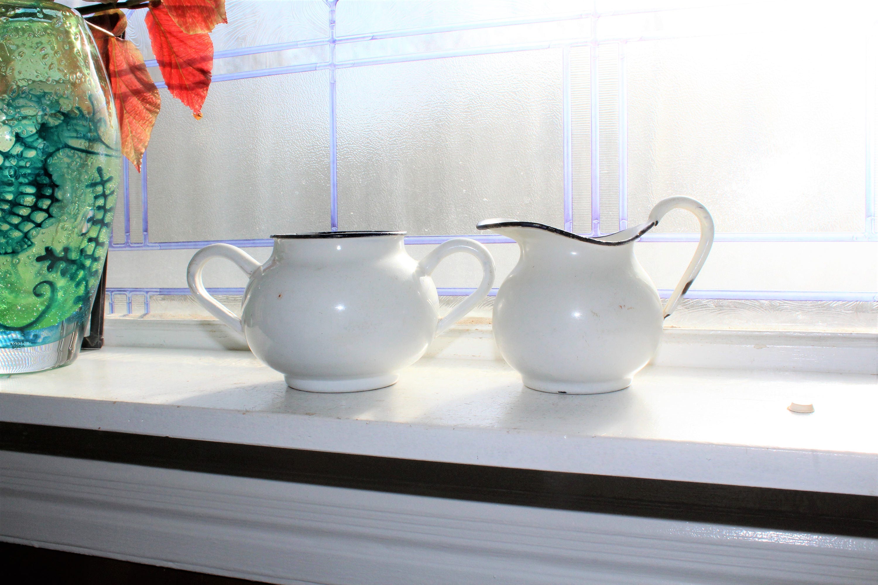 Vintage Enamelware Sugar and Creamer White Black Trim Rustic Farmhouse