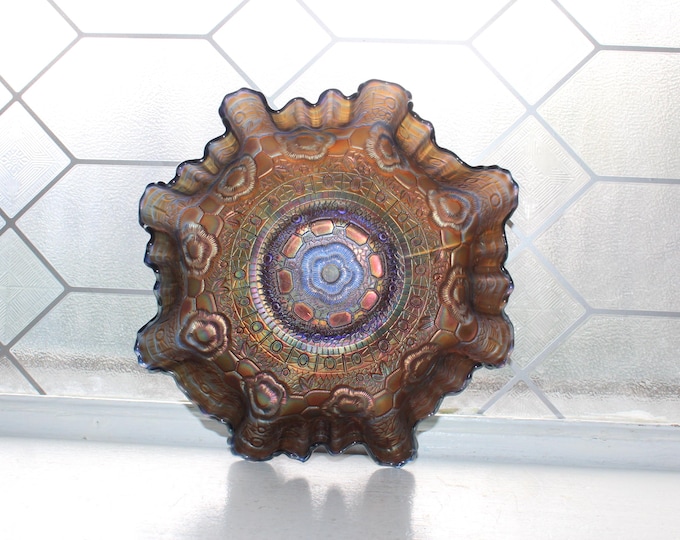 Antique Fenton Cobalt Blue Carnival Glass Bowl Captive Rose