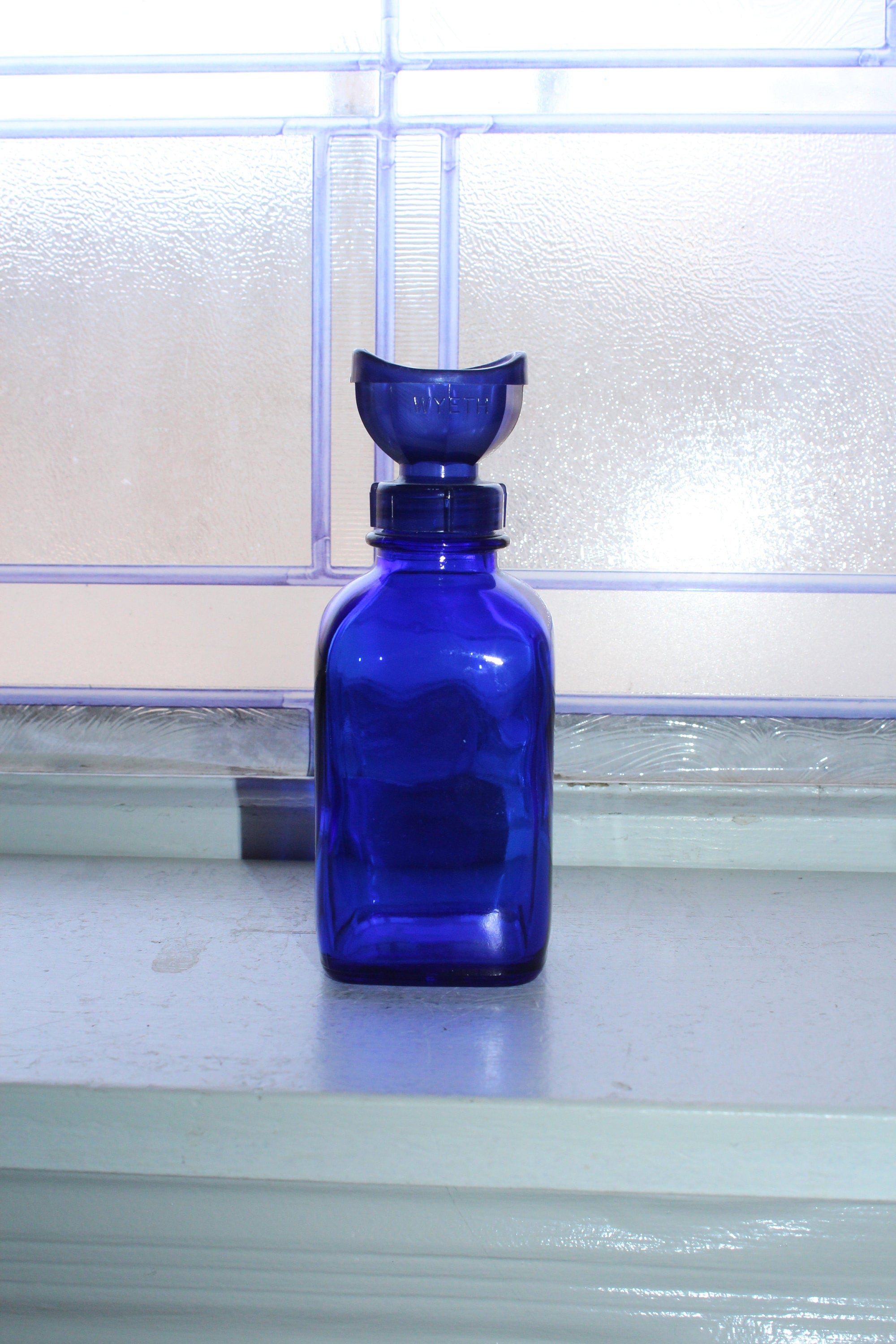Cobalt Blue Glass Bottle Vintage Wyeth Eye Wash With Cup Cap