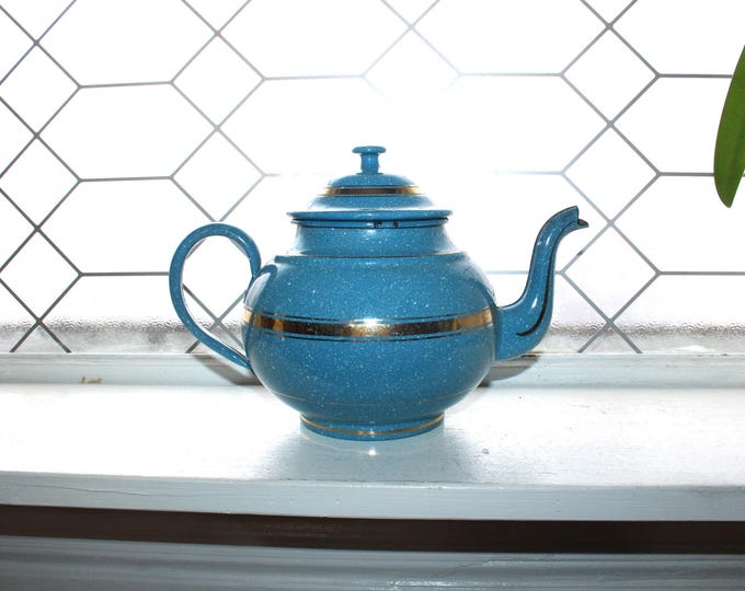 Antique Robin's Egg Blue Speckled Enamelware Teapot Graniteware w Gold Trim