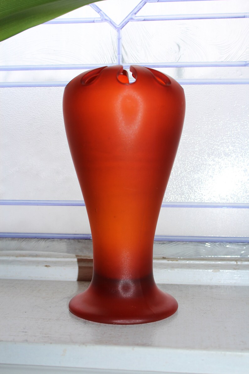 Vintage Tiffin Glass Orange Satin Vase Flower Arranger Openwork 1930s