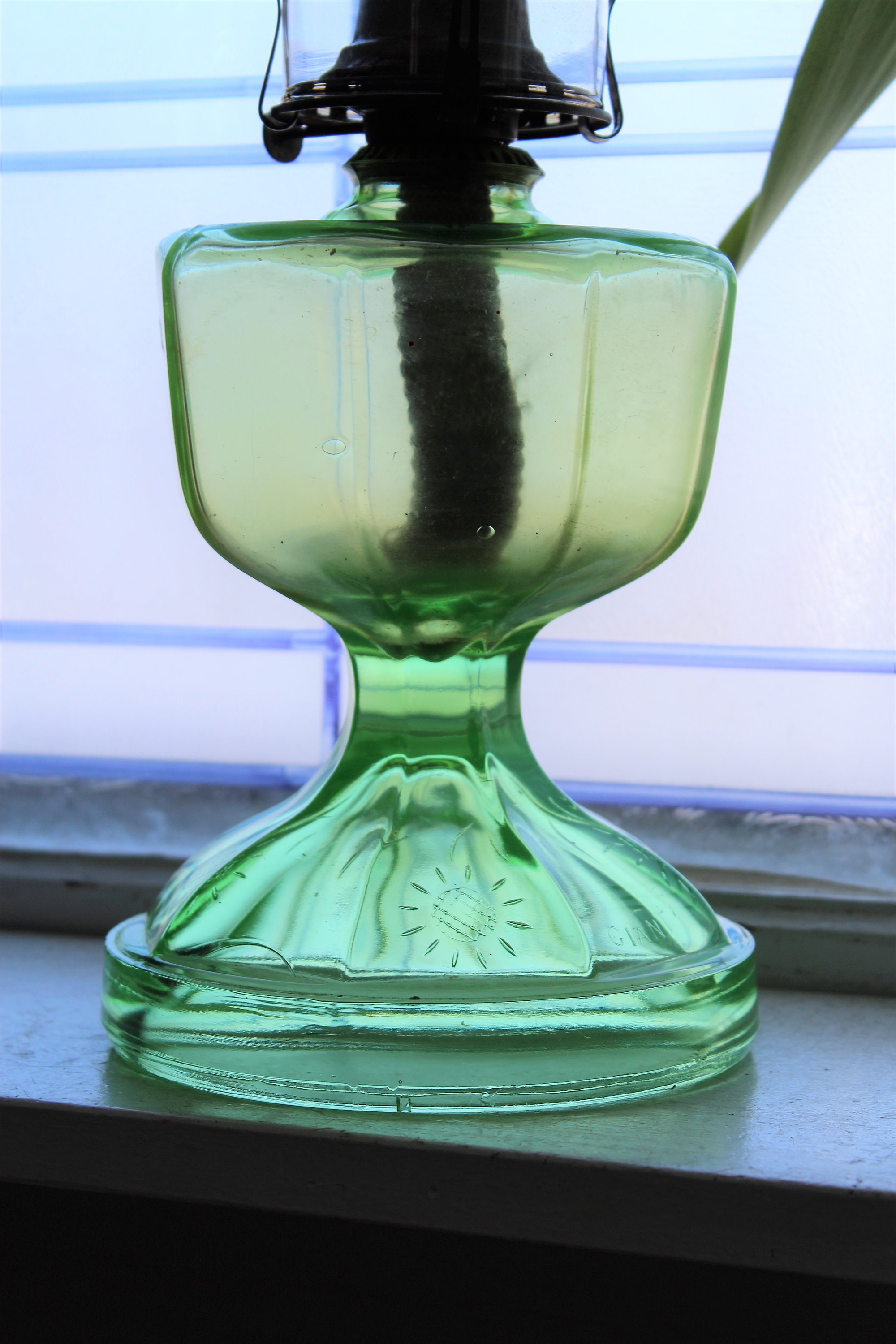 Vintage Green Depression Glass Giant Oil Lamp