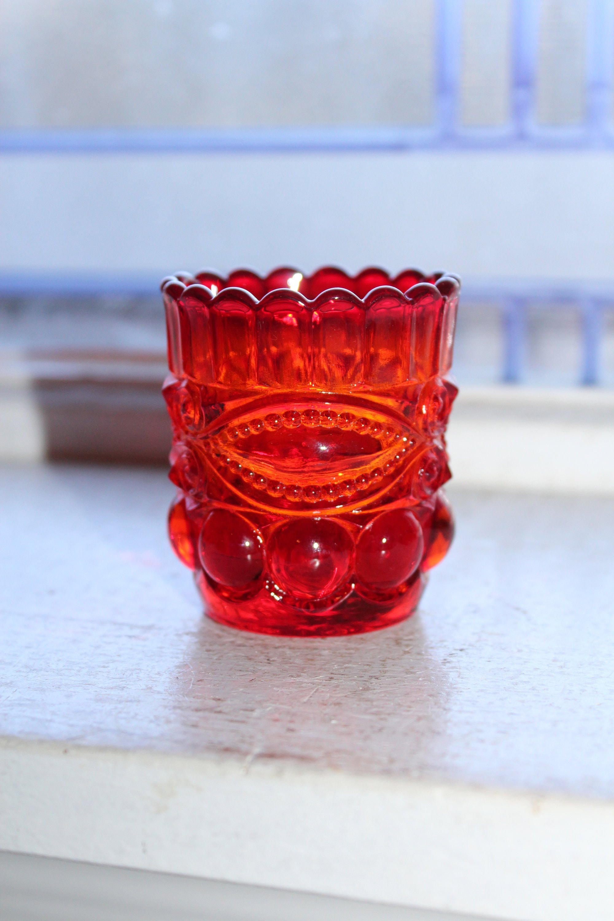 Vintage Mosser Glass Red Toothpick Holder Eye Winker Pattern