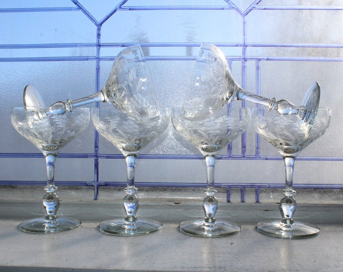 6 Fostoria Wheel Cut Champagne Cocktail Glasses Vintage Art Deco