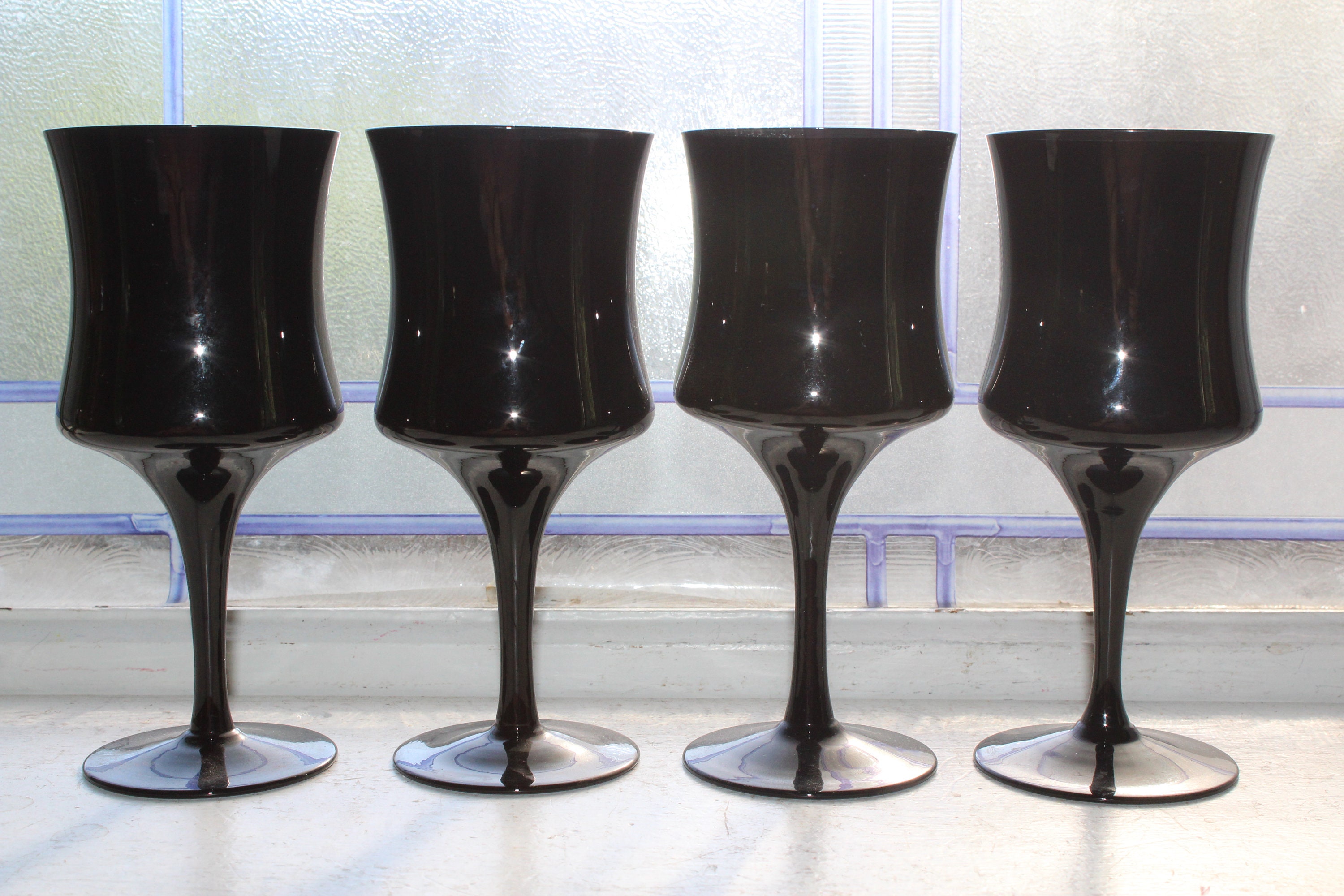 4 Vintage Mid Century Black Wine Glasses Ebony by American Manor