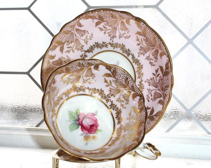 PARAGON Pink Tea Cup & Saucer Center Cabbage Pink Rose and Gold Bluebells