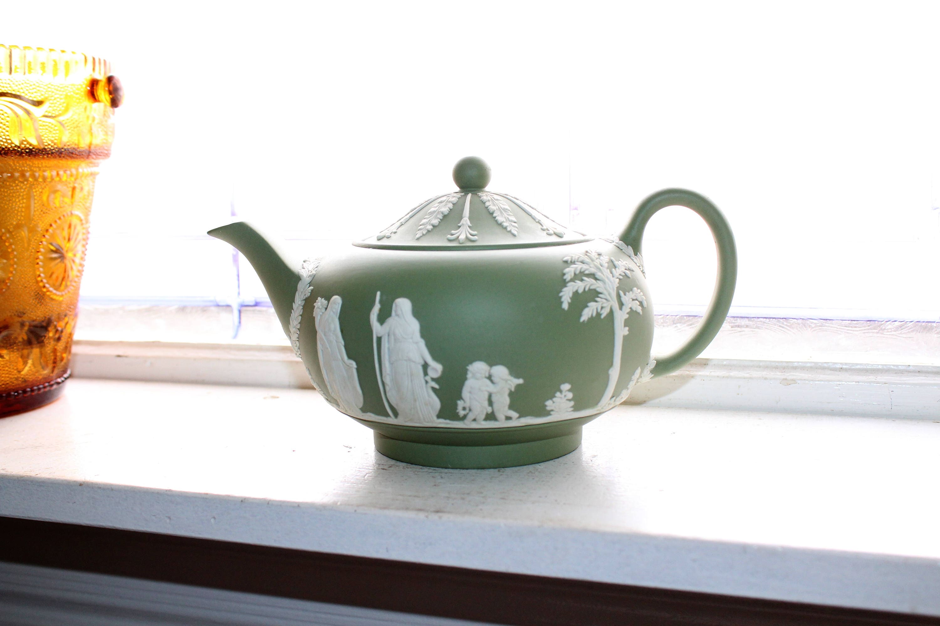 Vintage Wedgwood Teapot Green Celadon Jasperware 1960s