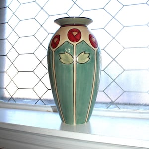 Large Mary Engelbreit Arts and Crafts Pottery Vase Rosebud Pattern 2004