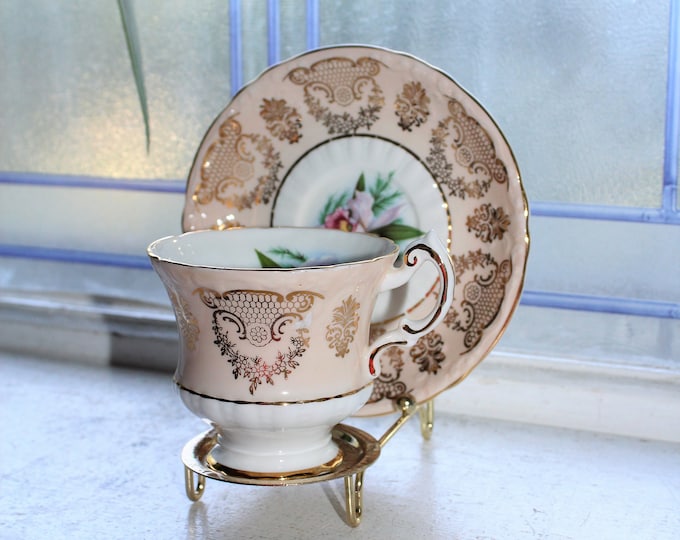 Paragon Tea Cup and Saucer Pale Pink & Gold with Pink Flowers