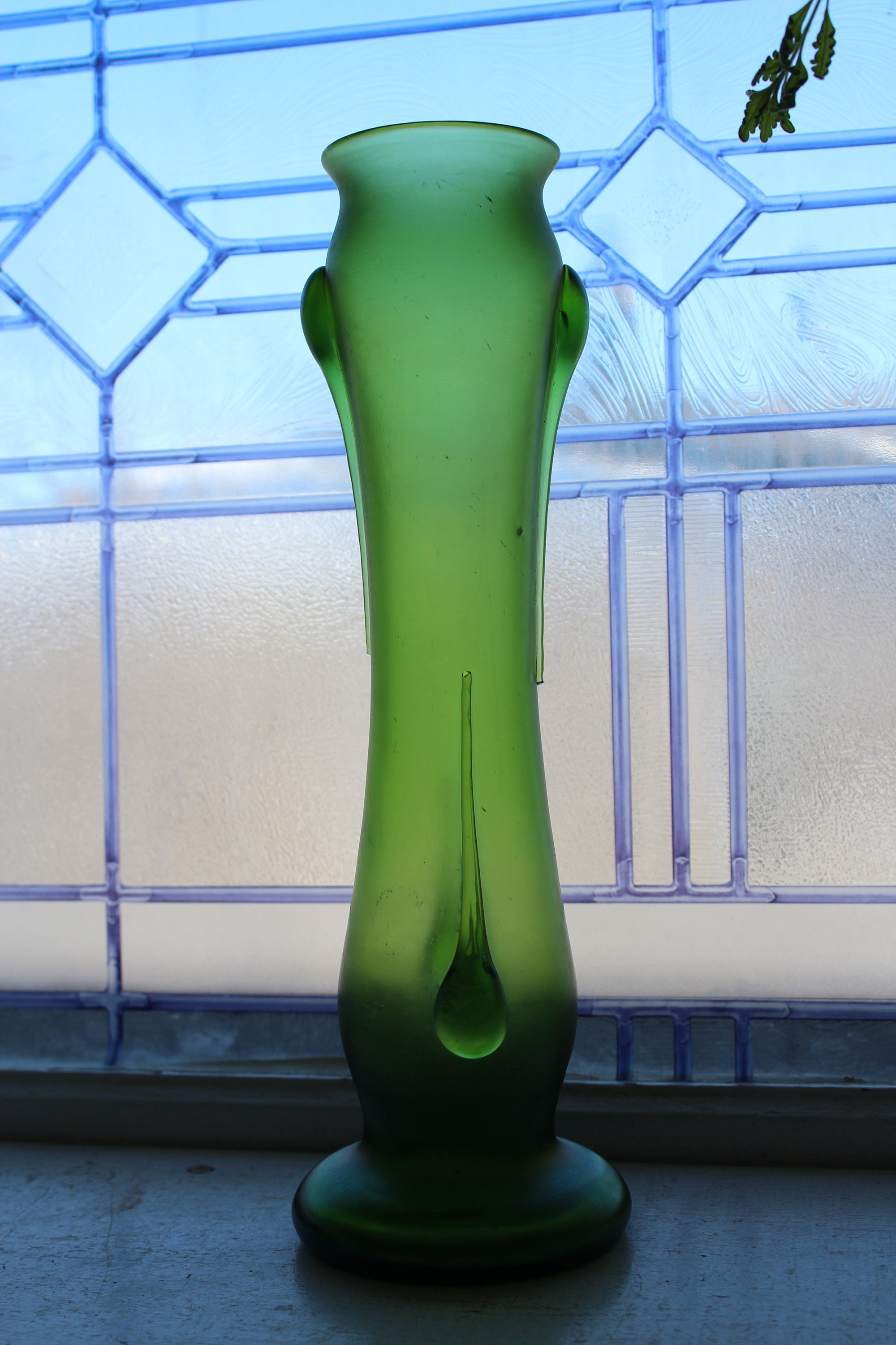 Tall Bud Vase Iridescent Green Vintage Art Glass