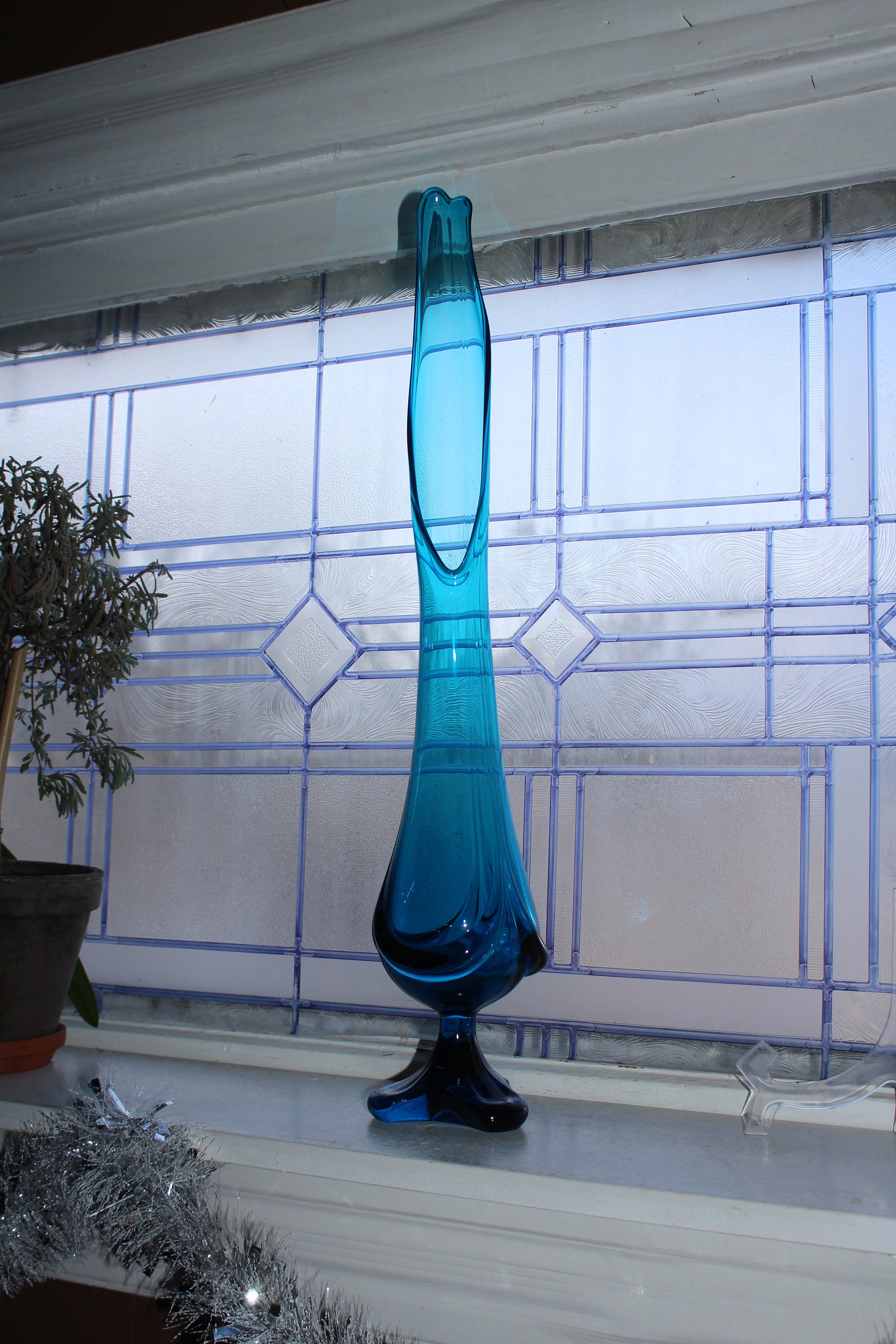 Large Blue Swung Glass Vase 24 Vintage Mid Century Modern