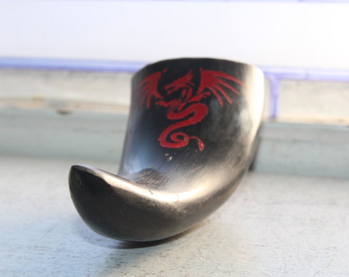 Vintage Asian Cow Horn with Carved Red Dragon