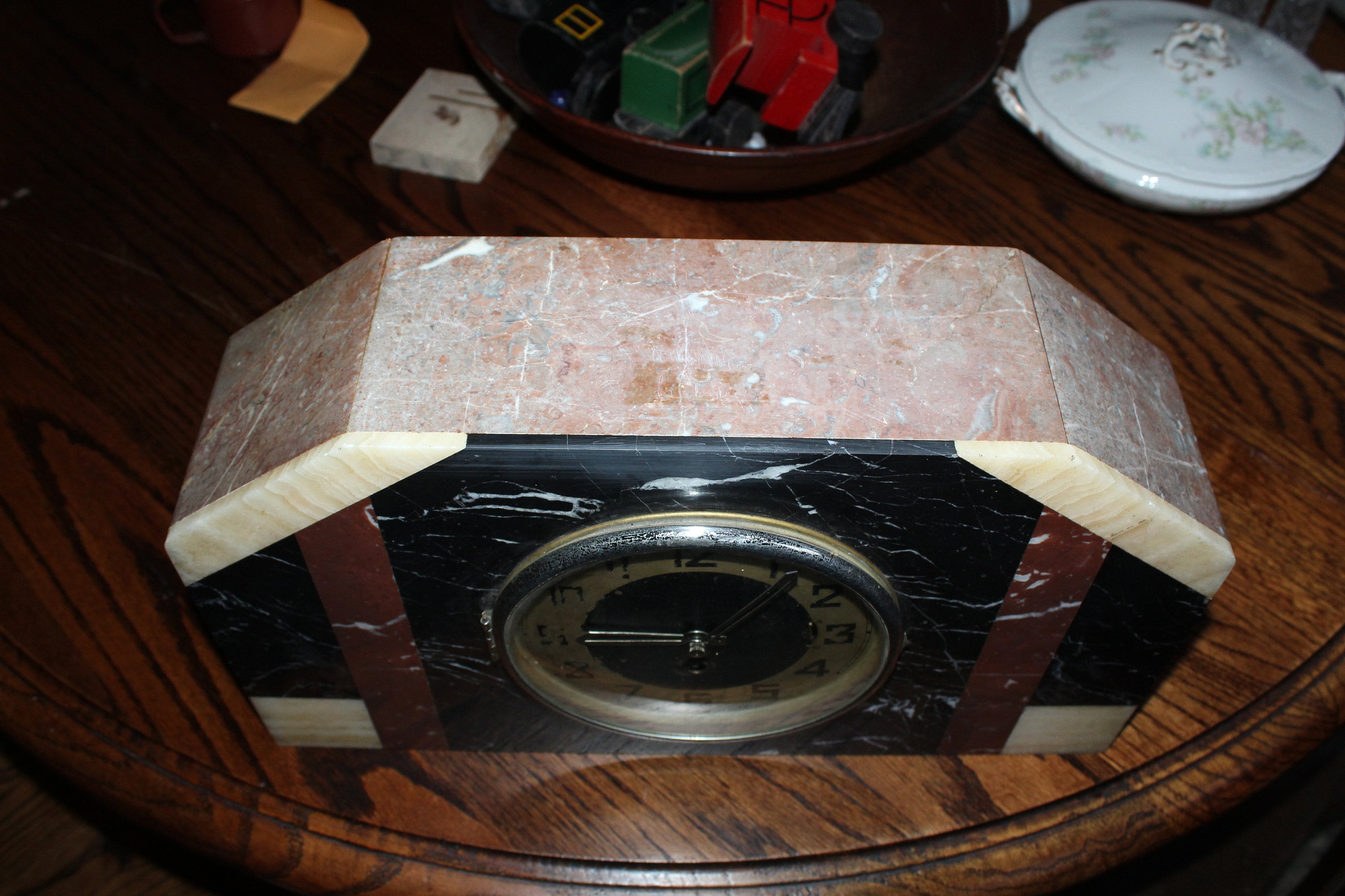 RESERVED FOR NICK Art Deco Mantle Clock with Garnitures Variegated