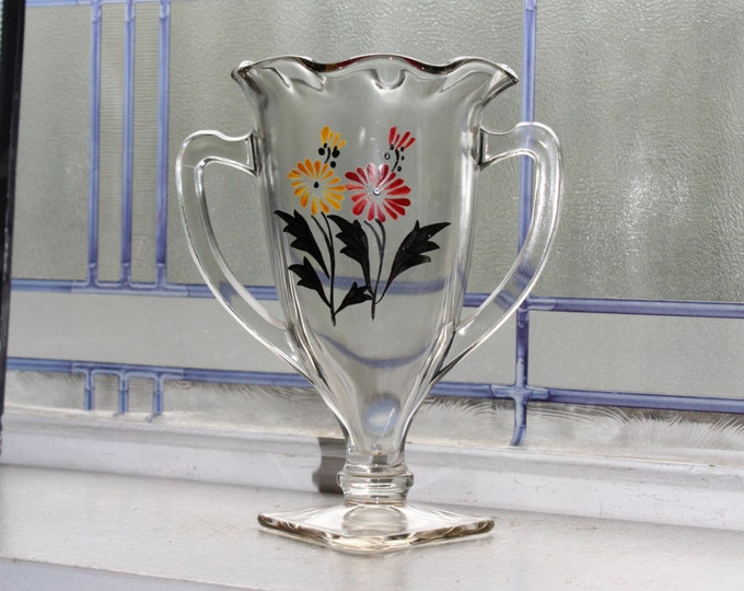 Vintage Glass Loving Cup Trophy Cup 7" Vase with Hand Painted Flowers 1950s