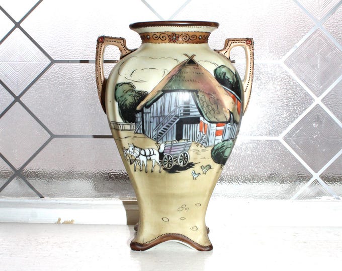 Antique Nippon Double Handled Vase Hand Painted Farm Scene Morimura Brothers