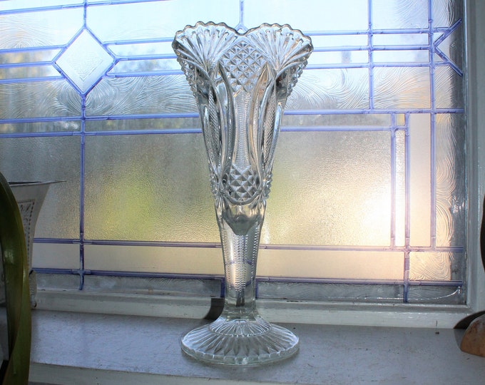 Large Antique EAPG Glass Fan Vase 12.25" Jubilee Hickman