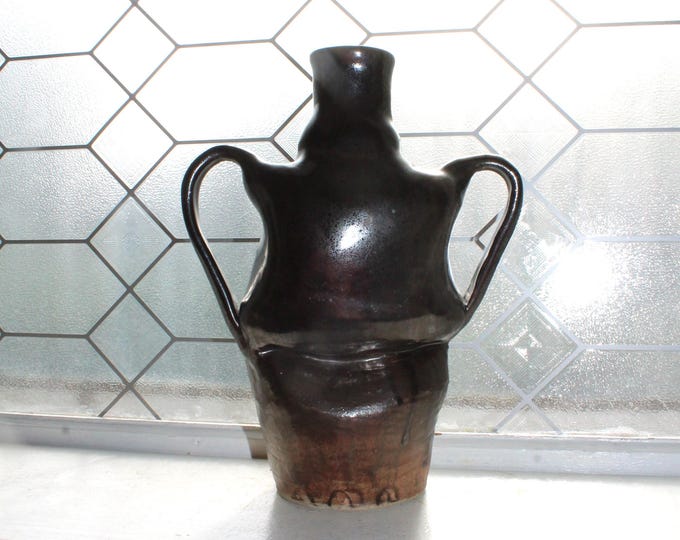 Vintage George Ohr Style Brown Pottery Pinched Squished Jug Vase with Handles