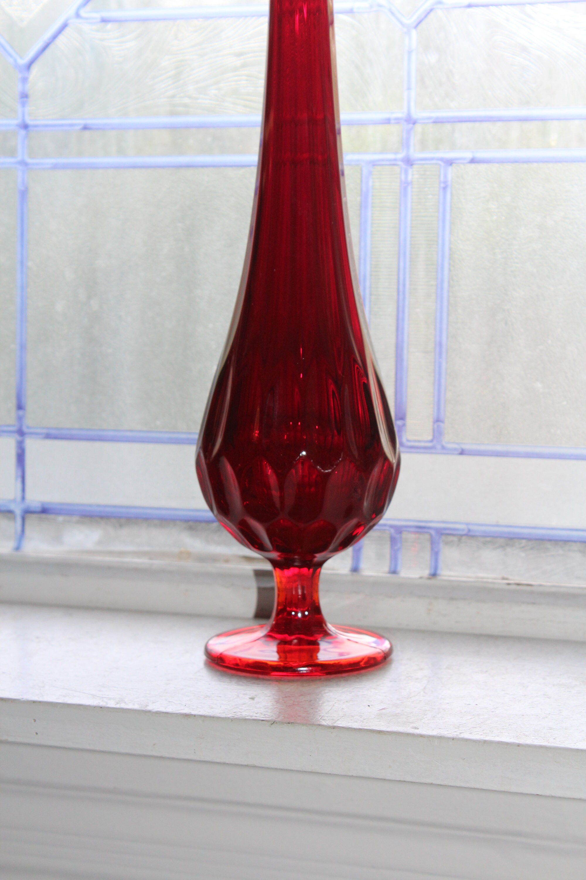 Large Red Glass Vase 19.75 Vintage Mid Century Modern Swung Glass