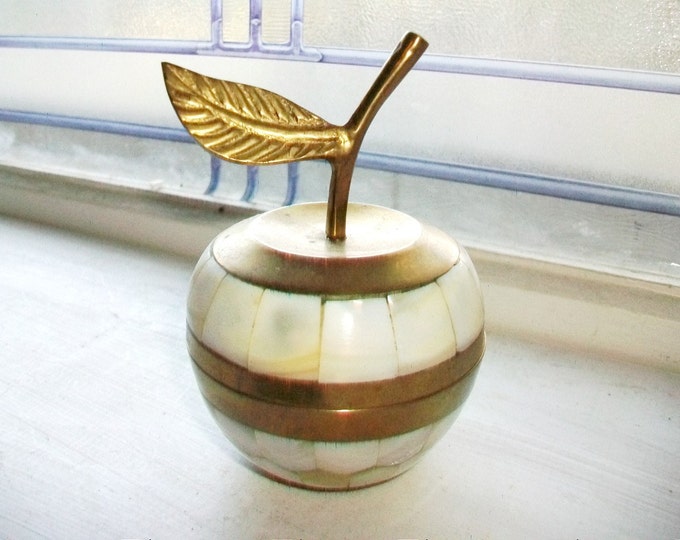 Vintage Figural Apple Box Brass and Mother of Pearl Gift For Teacher