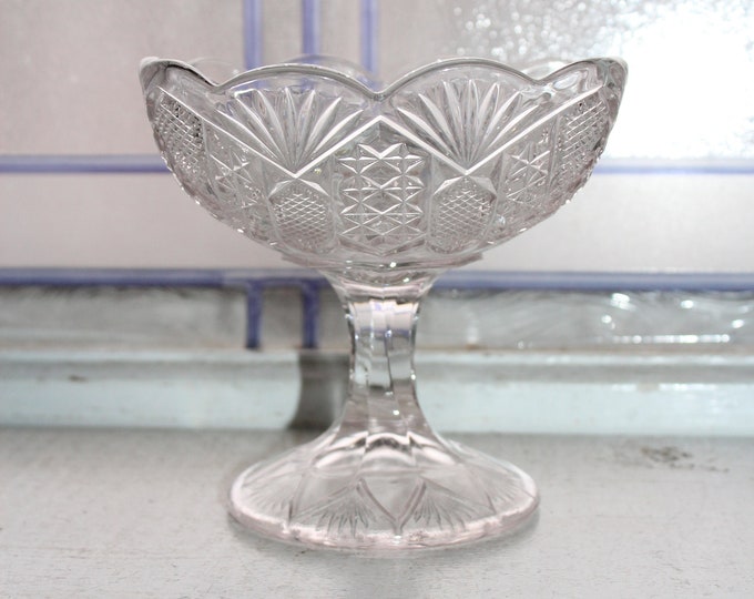 Vintage Pressed Glass Square Compote Star and Fan