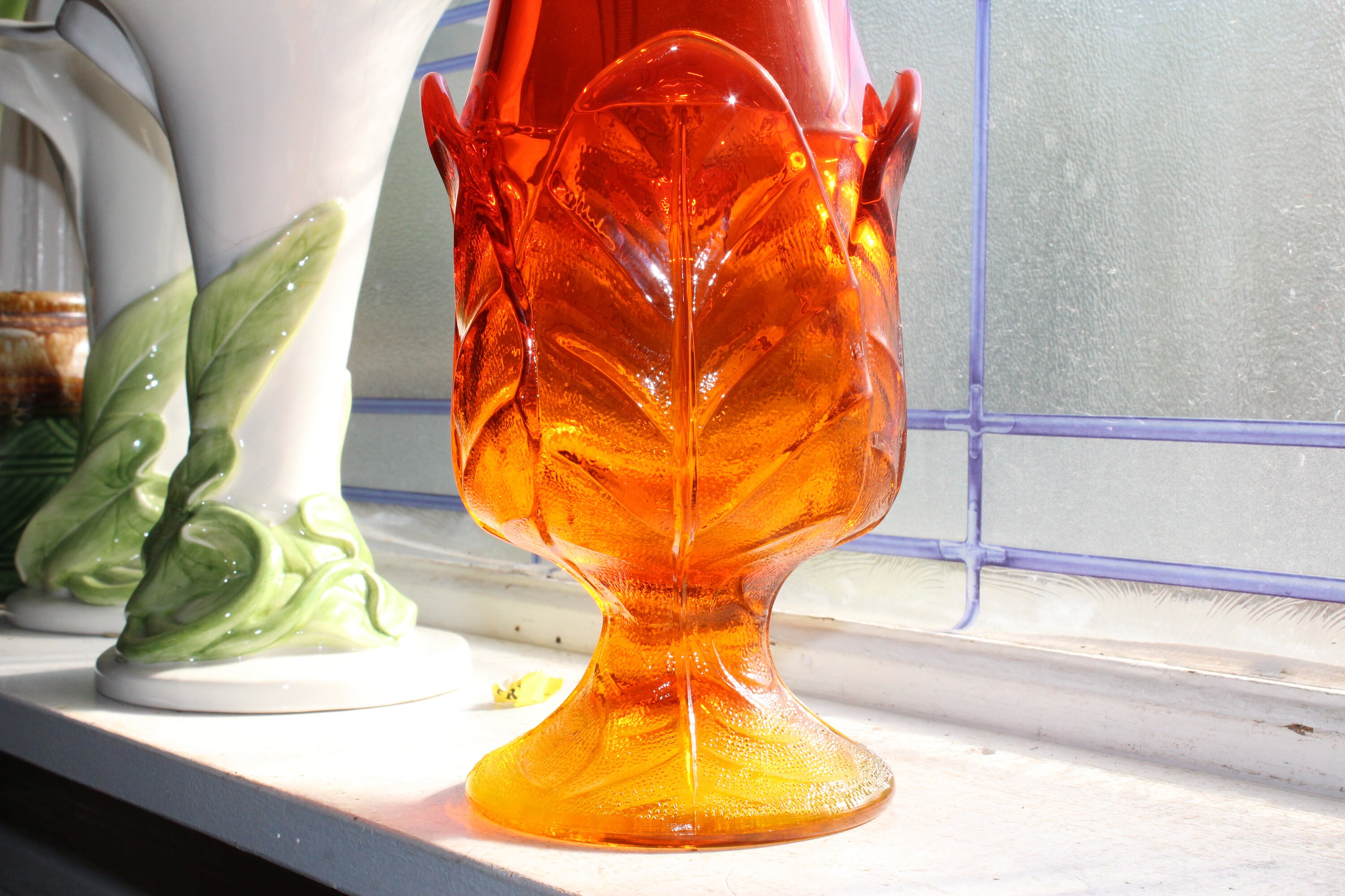 RESERVED FOR RON Large Amberina Swung Glass Cabbage Leaf Vase & Tiffin
