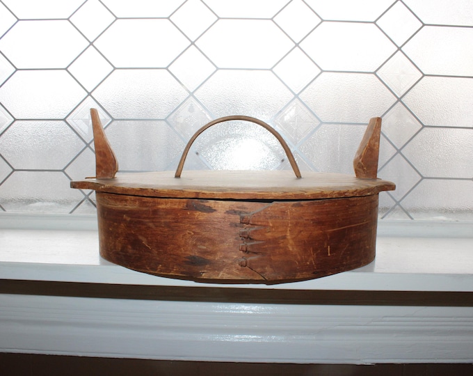 Large Antique Norwegian Bent Wood Tine Box 1800s Scandinavian Folk Art