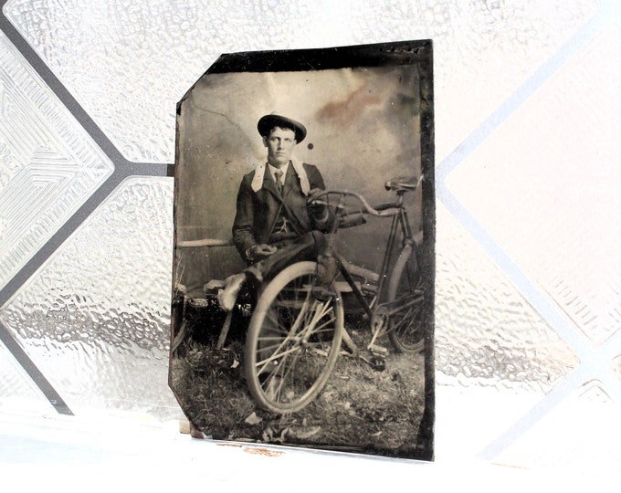 Antique Tin Type Photograph Victorian Man with Bicycle 1800s Identified