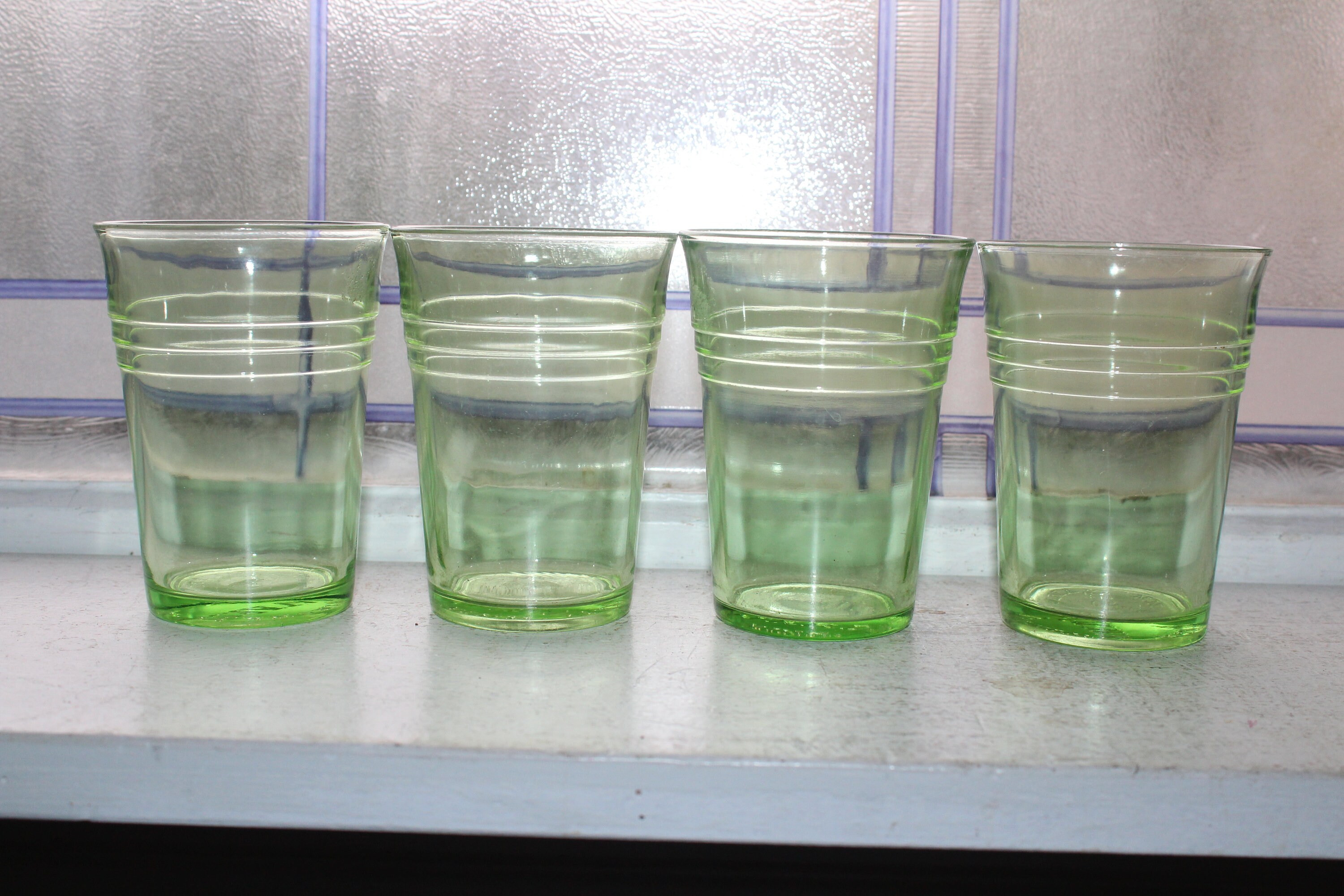 4 Green Depression Glass Tumblers Advertising Wards Winona MN