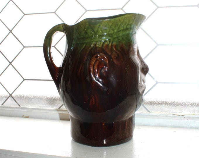 Antique Pitcher Bennington Pottery Green and Brown Glazed Toby Face Jug