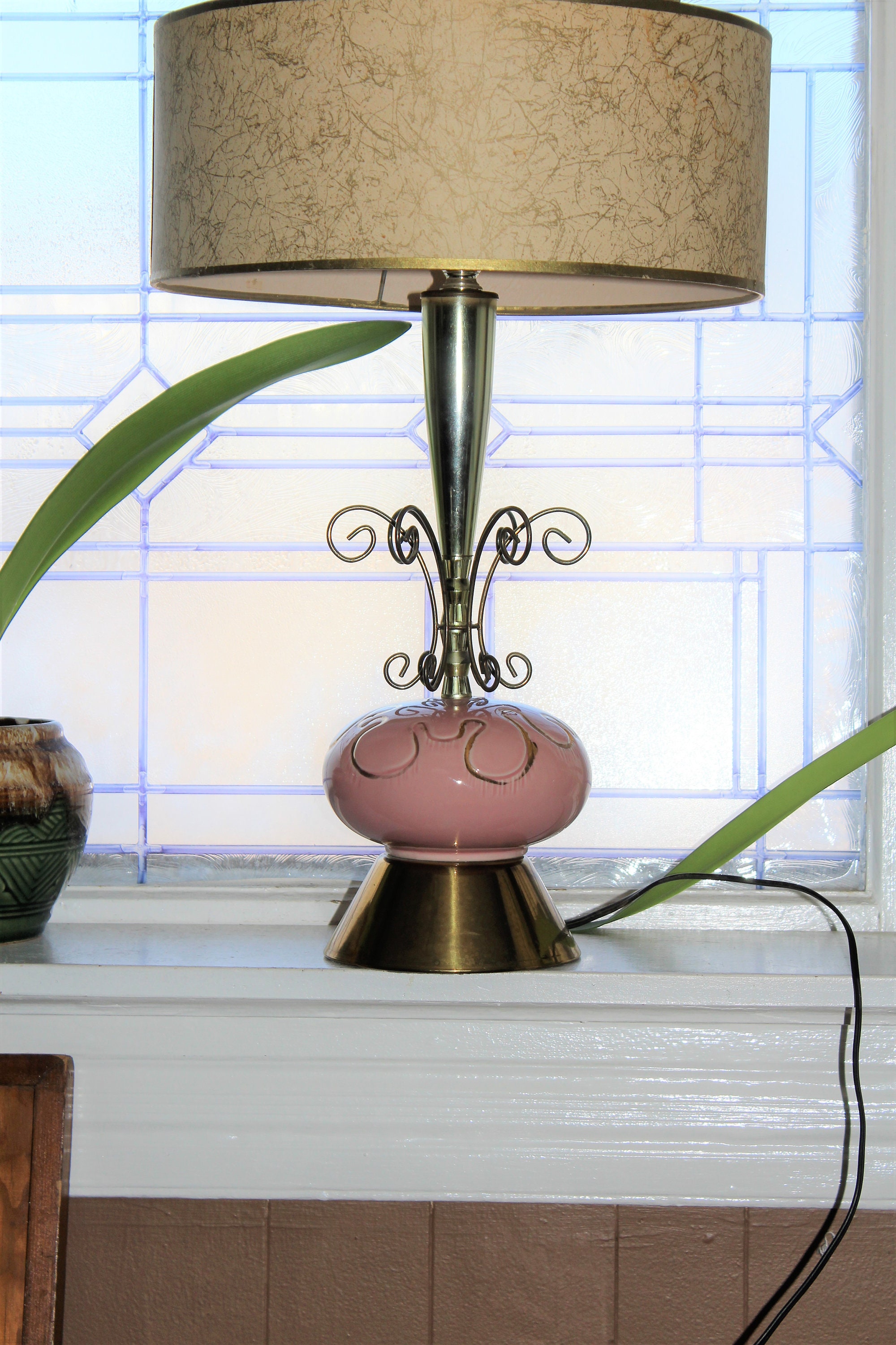 Vintage Mid Century Lamp and Two Tier Shade 1950s Pink and Gold