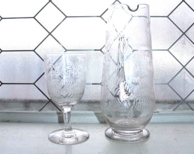 Antique 1890 Victorian Engraved Water Jug & Goblet Mrs. Shields w/ Ferns