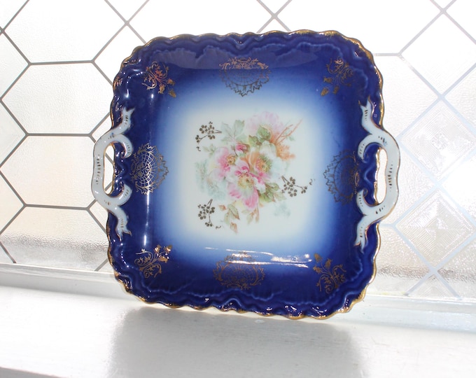 Antique Large Square Handled Dish PM Bavaria Cobalt Blue with Floral Decor