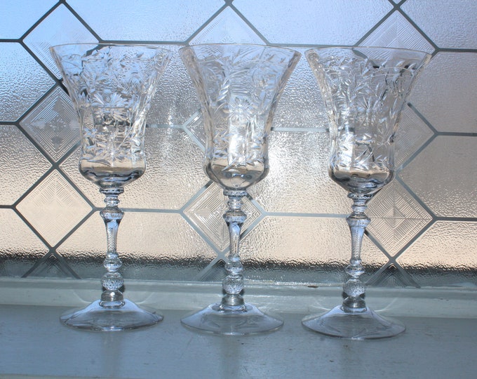 3 Vintage Art Deco Crystal Wine Glasses Wheel Cut Design