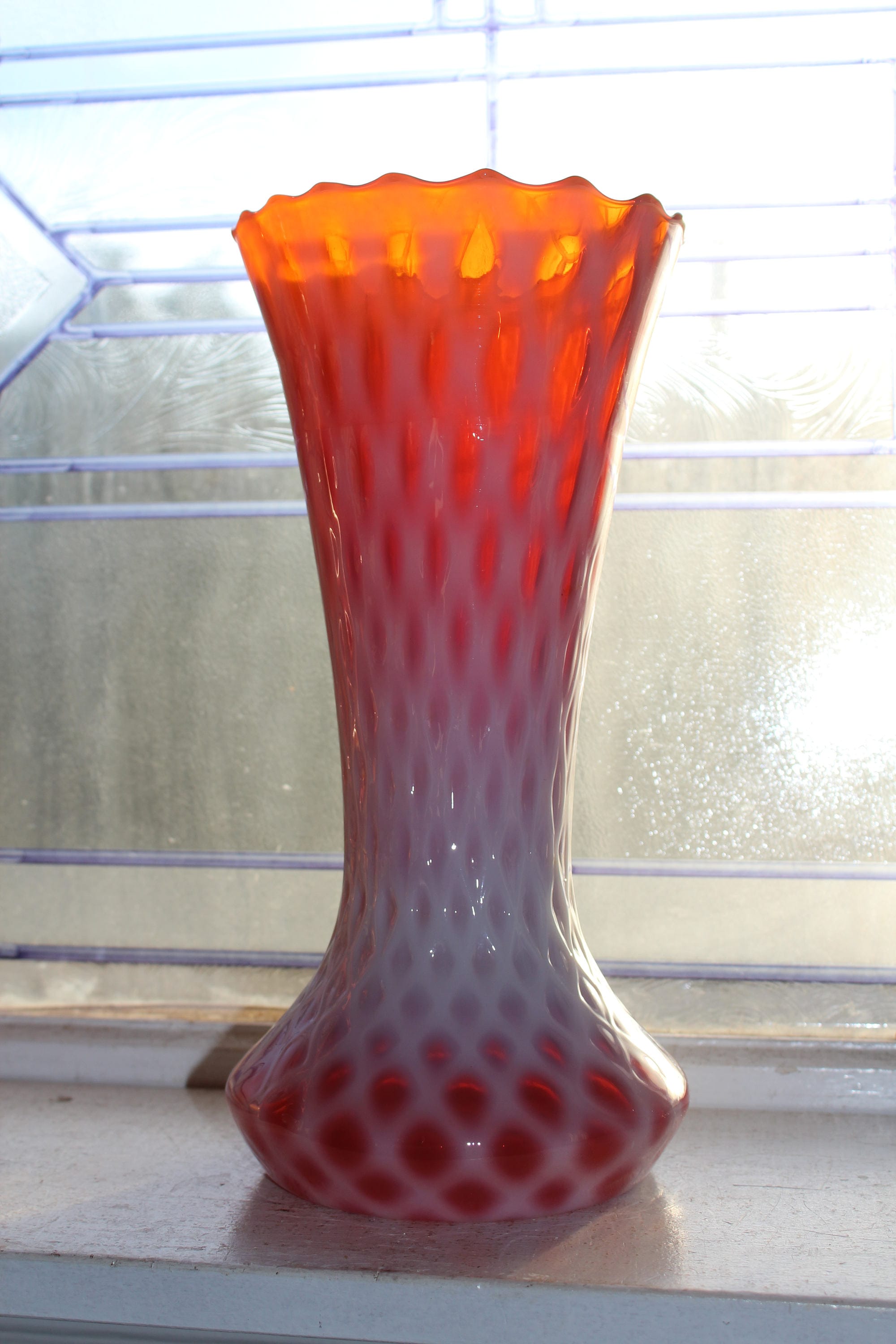 Large Vintage Cased Glass Vase Quilted Diamond 11 3/4 Orange & White