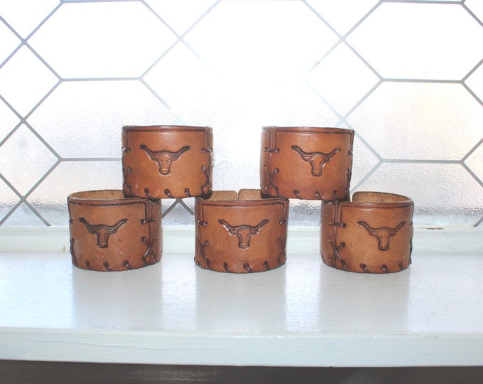 5 Vintage Libbey Bamco Western Bar Glass Tooled Leather Sleeves