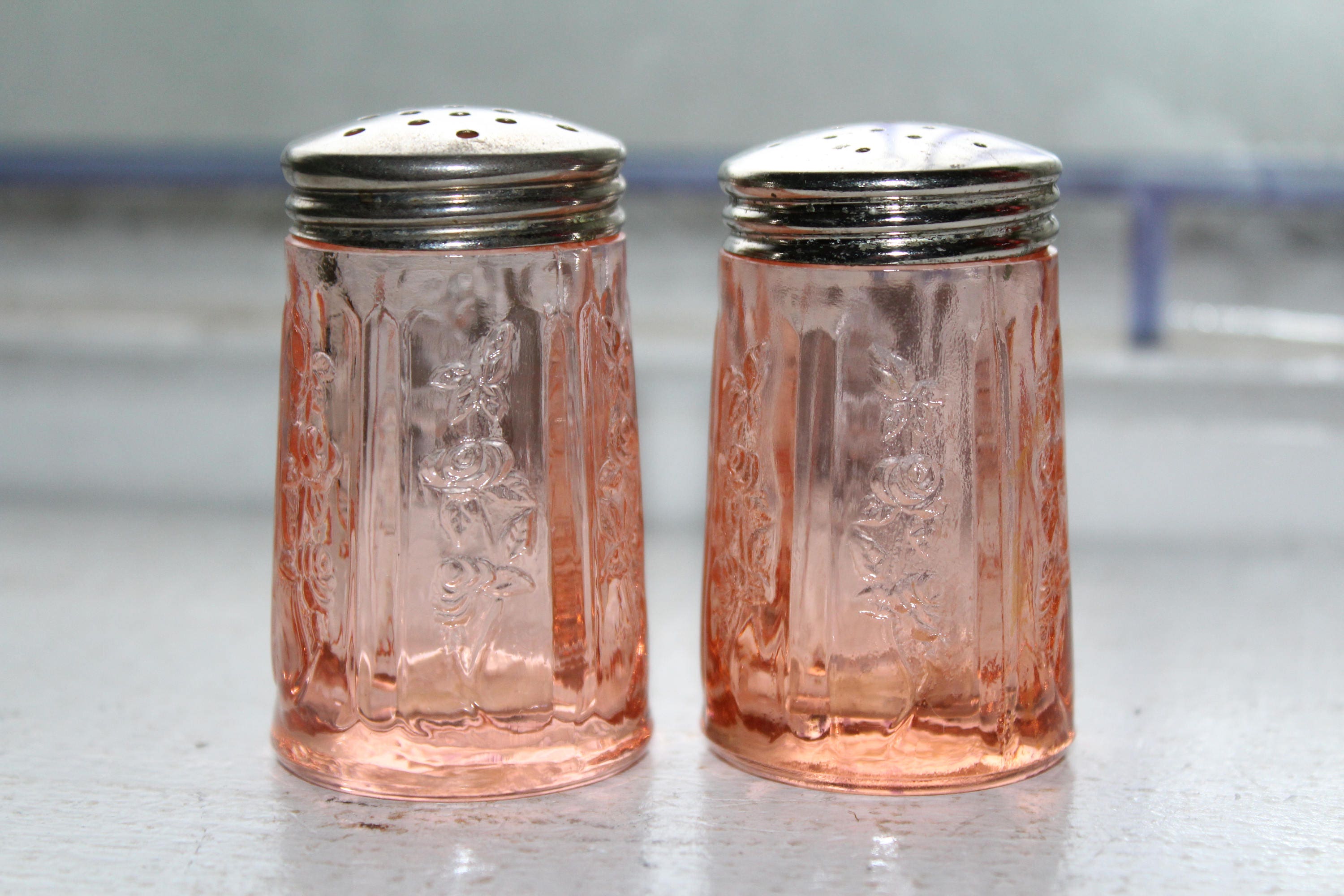 Pink Depression Glass Salt & Pepper Shakers Sharon Cabbage Rose 1930s