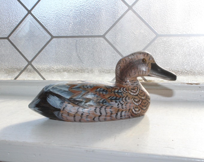 Vintage Hand Painted Carved Wood Duck with Glass Eyes