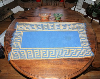 Vintage Norwegian Knit Table Runner Blue Yellow