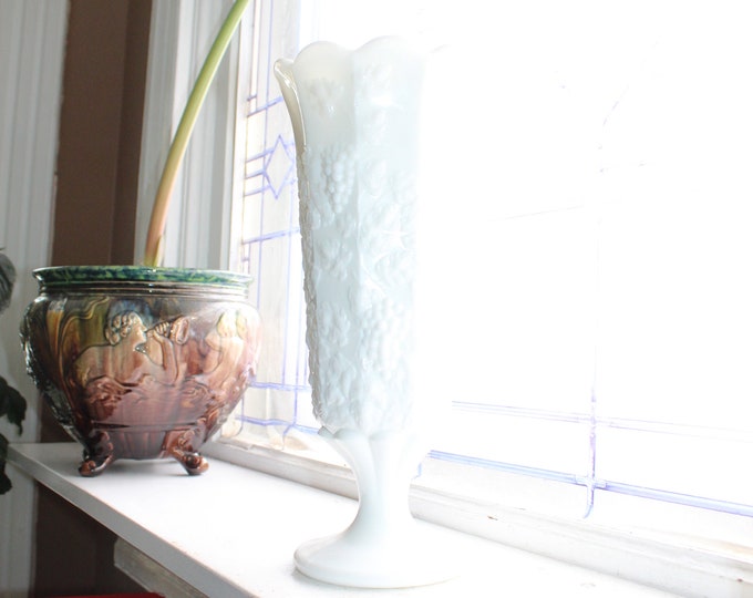 Large Milk Glass Vase 11.5" Relief Molded Grapes Westmoreland